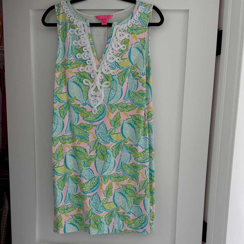 Lilly Sleeveless Pink Tropical Print Shift Dress with White Trim